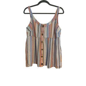 Terra & Sky Women’s Peplum Tank Top Striped Button-Front Linen Rayon Y2K Artsy